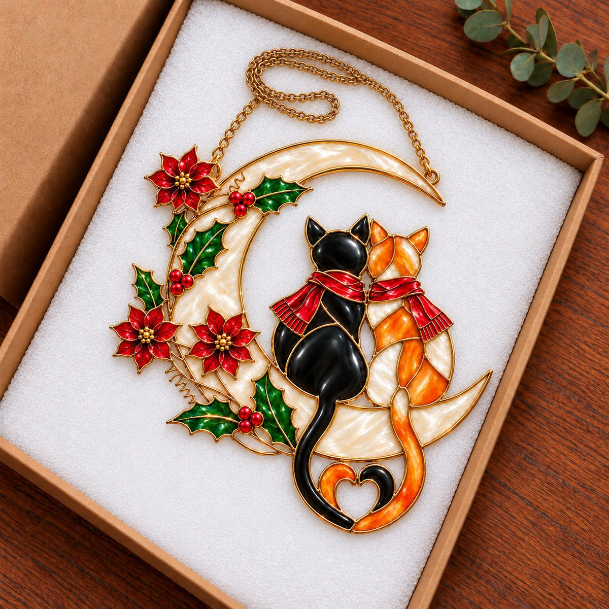 Cat Couple on a Crescent Moon with Poinsettias Holographic Acrylic Suncatcher