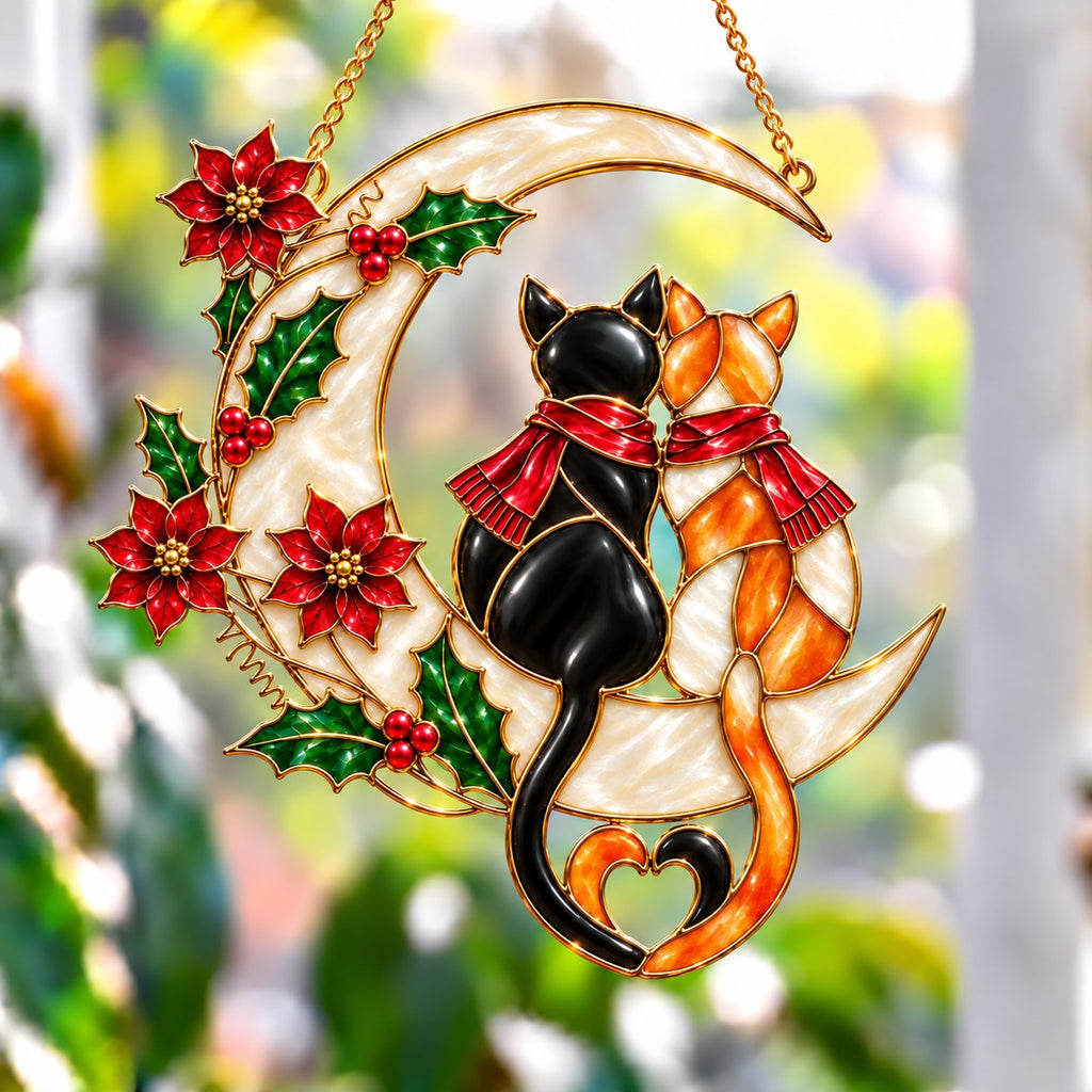 Cat Couple on a Crescent Moon with Poinsettias Holographic Acrylic Suncatcher