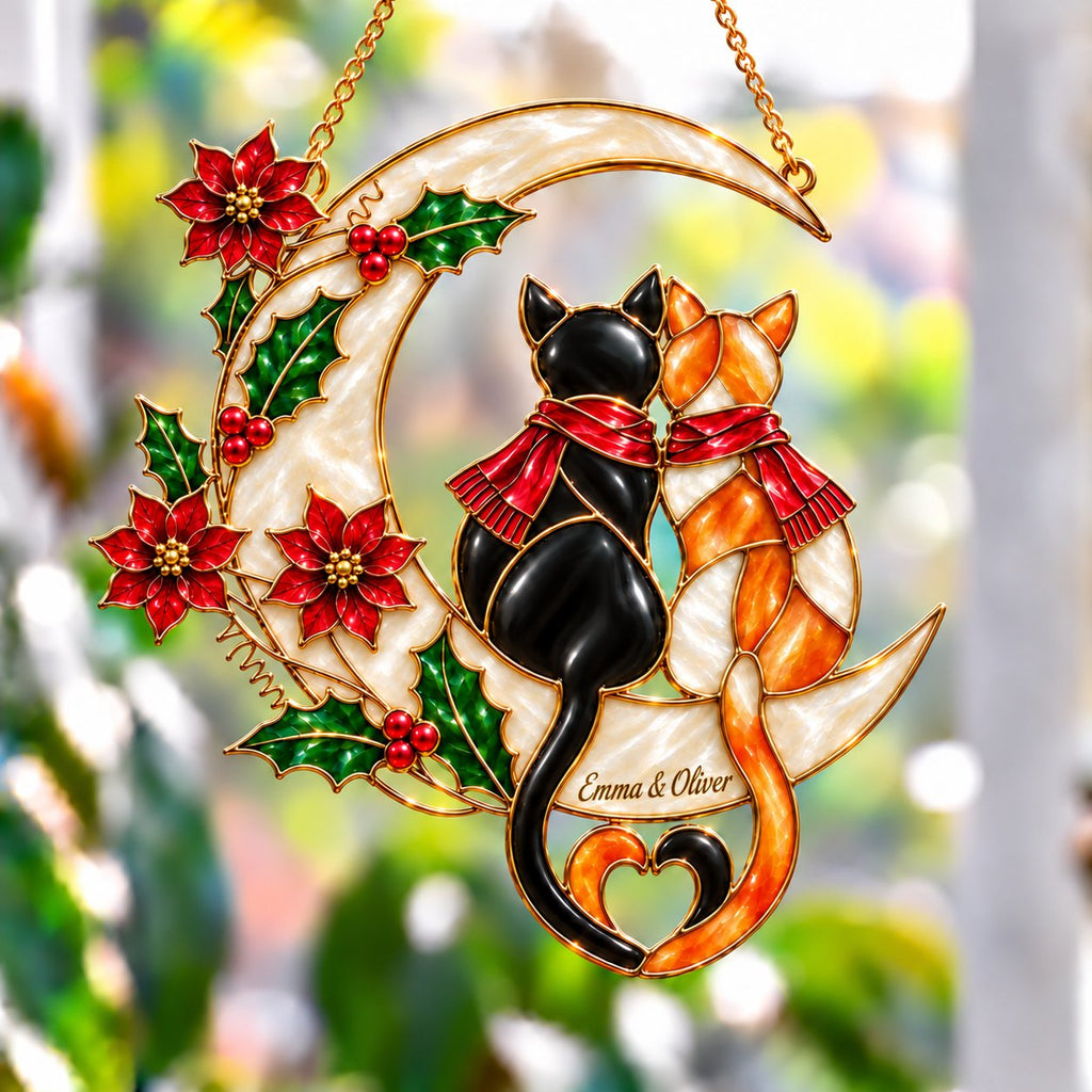 Cat Couple on a Crescent Moon with Poinsettias Holographic Acrylic Suncatcher