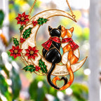 Cat Couple on a Crescent Moon with Poinsettias Holographic Acrylic Suncatcher
