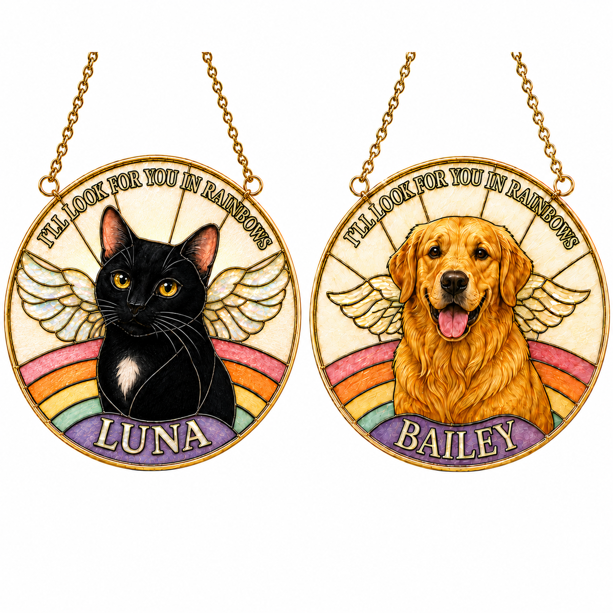 Two pet memorial pendants in gold frame, one with a black cat named Luna and the other with a golden retriever named Bailey, on a white background.