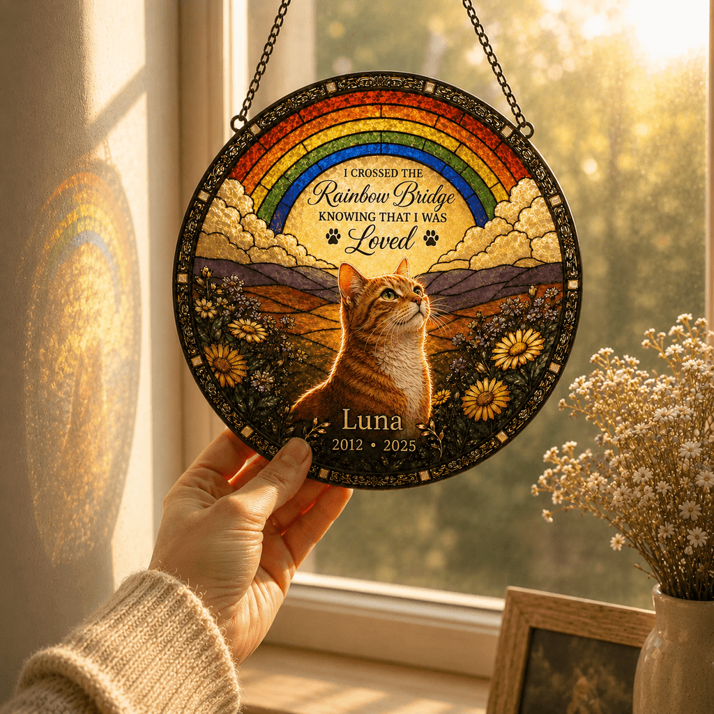 Personalized cat memorial glass suncatcher held in hand near a window