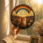 Personalized cat memorial glass suncatcher held in hand near a window