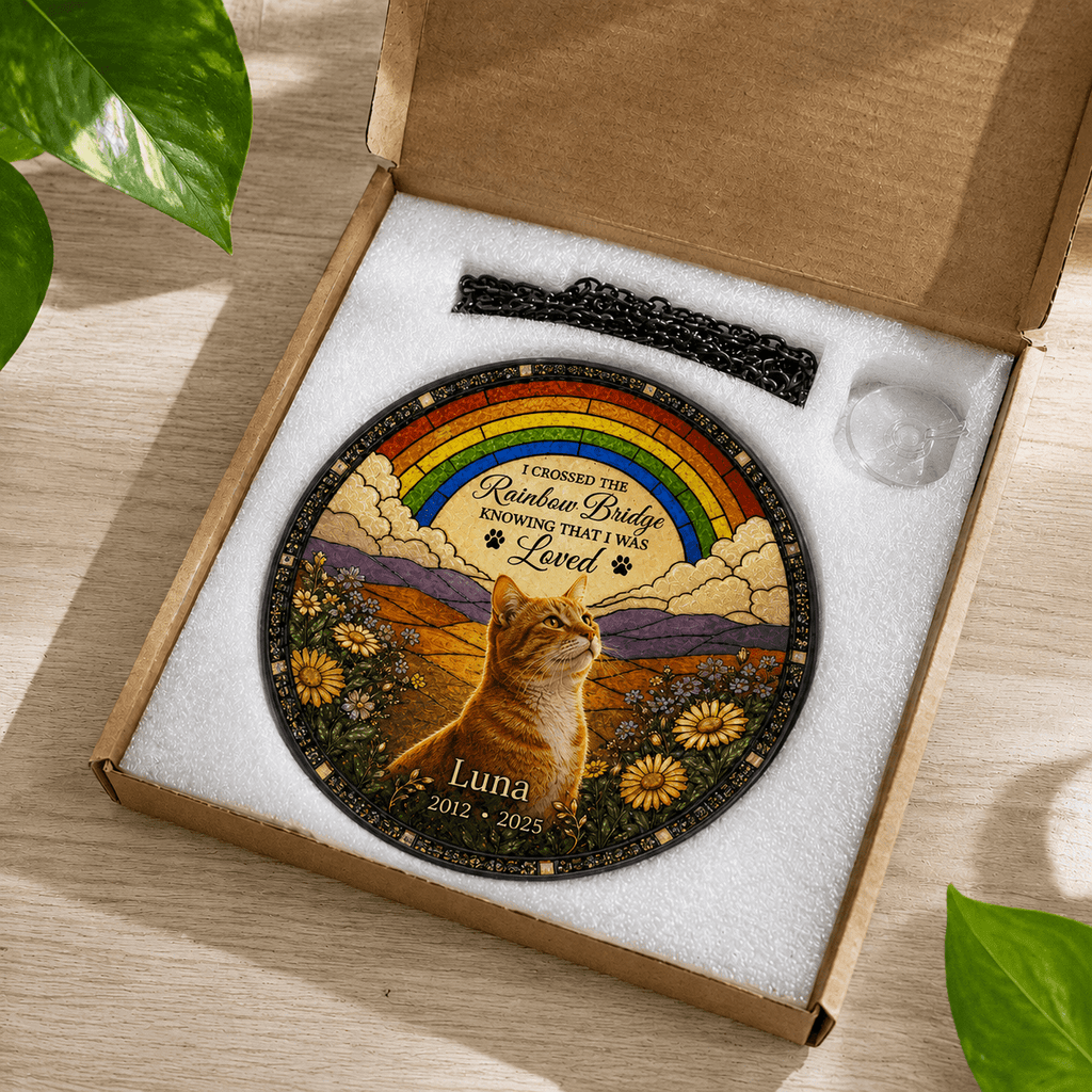 Gift ready packaging for personalized cat memorial glass suncatcher