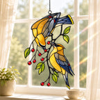 Cedar Waxwings on Red Berry Branch Holographic Acrylic Suncatcher
