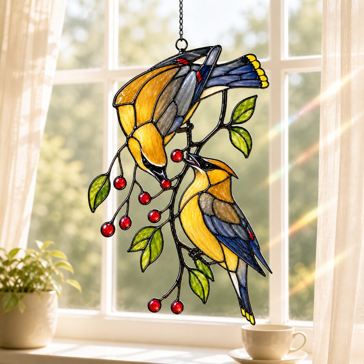 Cedar Waxwings on Red Berry Branch Holographic Acrylic Suncatcher