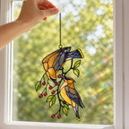 Cedar Waxwings on Red Berry Branch Holographic Acrylic Suncatcher