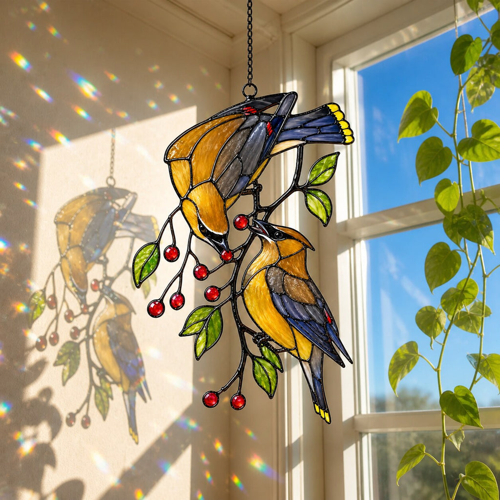 Cedar Waxwings on Red Berry Branch Holographic Acrylic Suncatcher