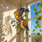 Cedar Waxwings on Red Berry Branch Holographic Acrylic Suncatcher