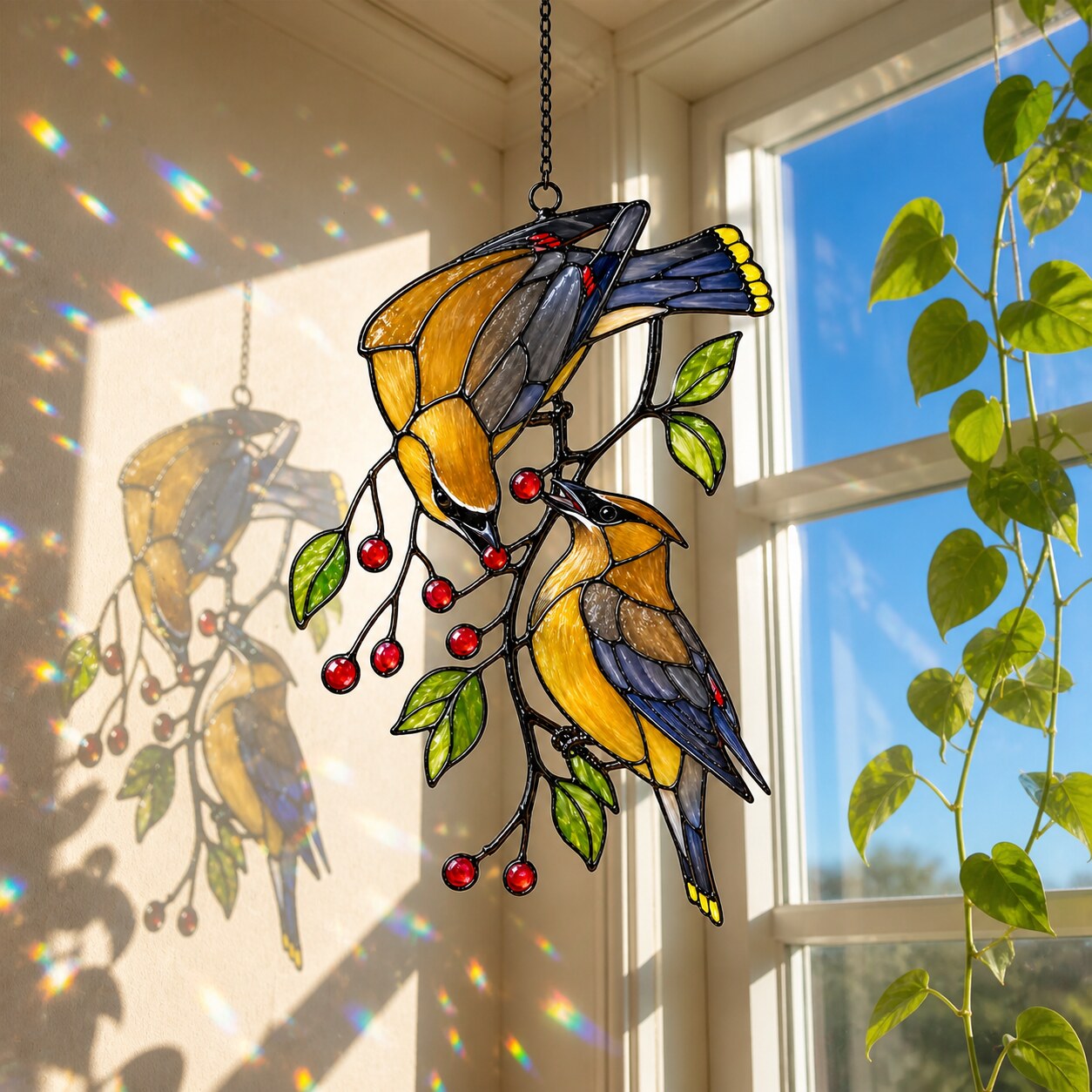 Cedar Waxwings on Red Berry Branch Holographic Acrylic Suncatcher