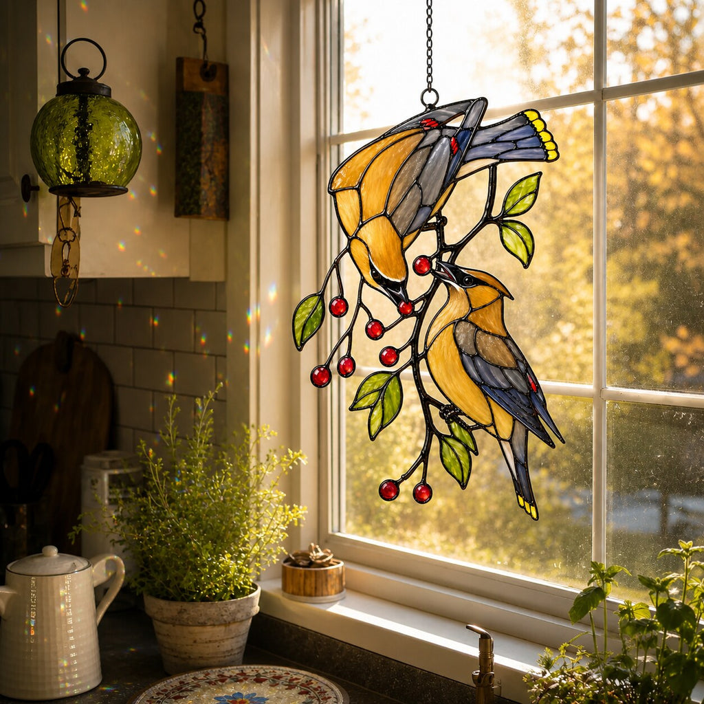 Cedar Waxwings on Red Berry Branch Holographic Acrylic Suncatcher