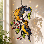 Cedar Waxwings on Red Berry Branch Holographic Acrylic Suncatcher