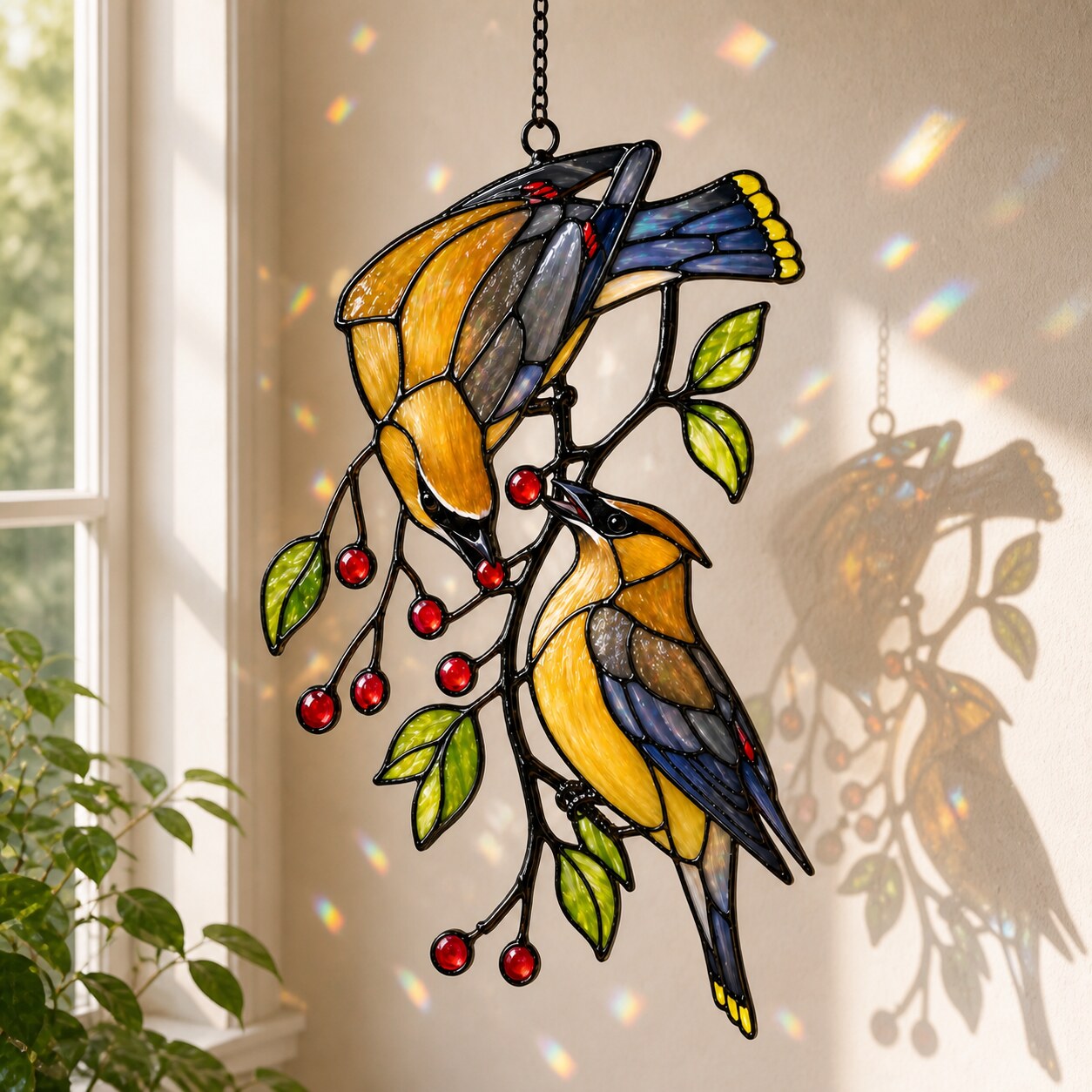 Cedar Waxwings on Red Berry Branch Holographic Acrylic Suncatcher