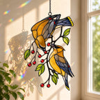 Cedar Waxwings on Red Berry Branch Holographic Acrylic Suncatcher