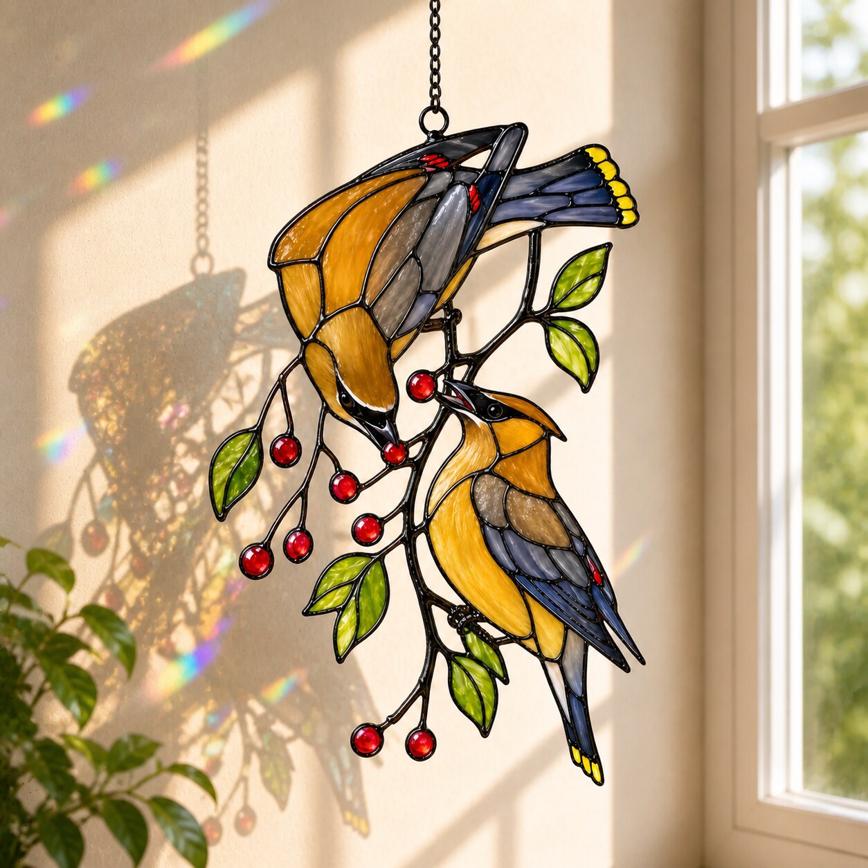 Cedar Waxwings on Red Berry Branch Holographic Acrylic Suncatcher