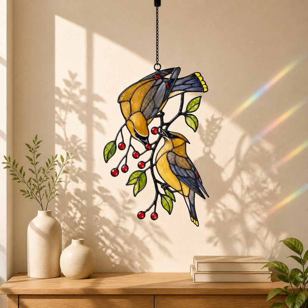 Cedar Waxwings on Red Berry Branch Holographic Acrylic Suncatcher