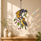 Cedar Waxwings on Red Berry Branch Holographic Acrylic Suncatcher