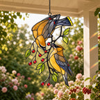 Cedar Waxwings on Red Berry Branch Holographic Acrylic Suncatcher