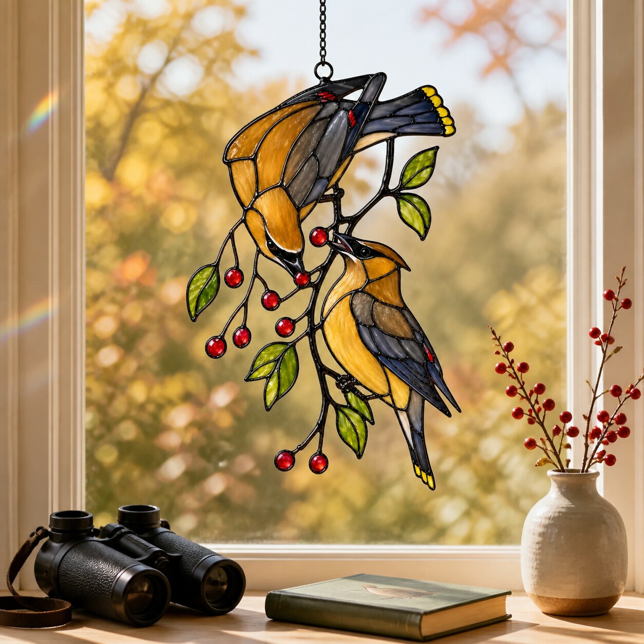 Cedar Waxwings on Red Berry Branch Holographic Acrylic Suncatcher