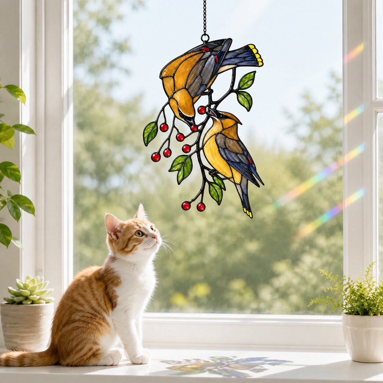 Cedar Waxwings on Red Berry Branch Holographic Acrylic Suncatcher