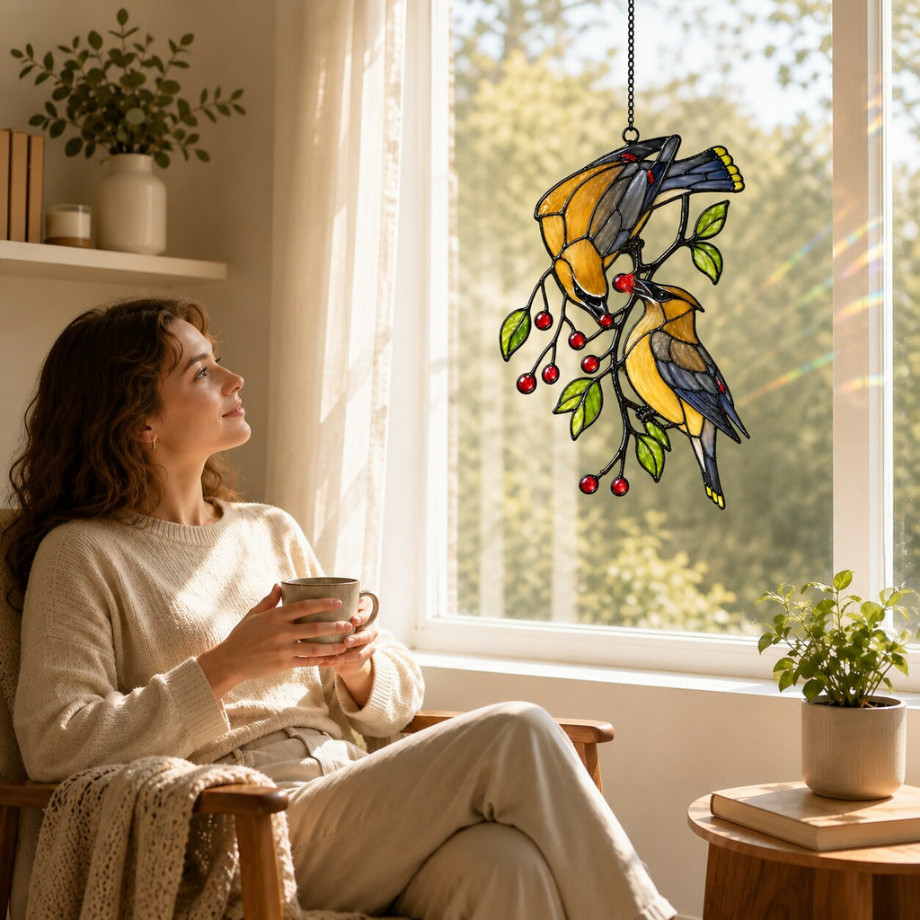 Cedar Waxwings on Red Berry Branch Holographic Acrylic Suncatcher
