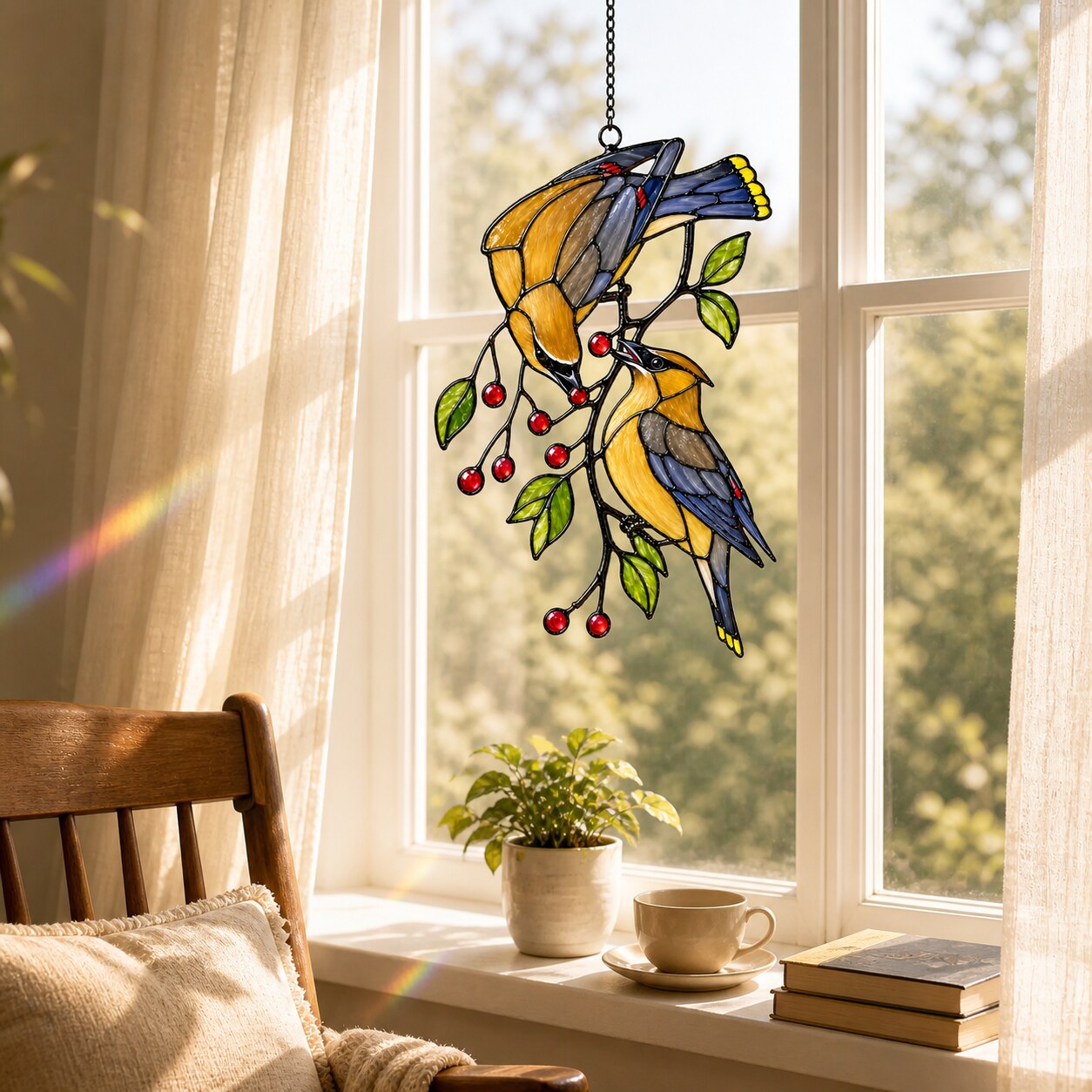 Cedar Waxwings on Red Berry Branch Holographic Acrylic Suncatcher