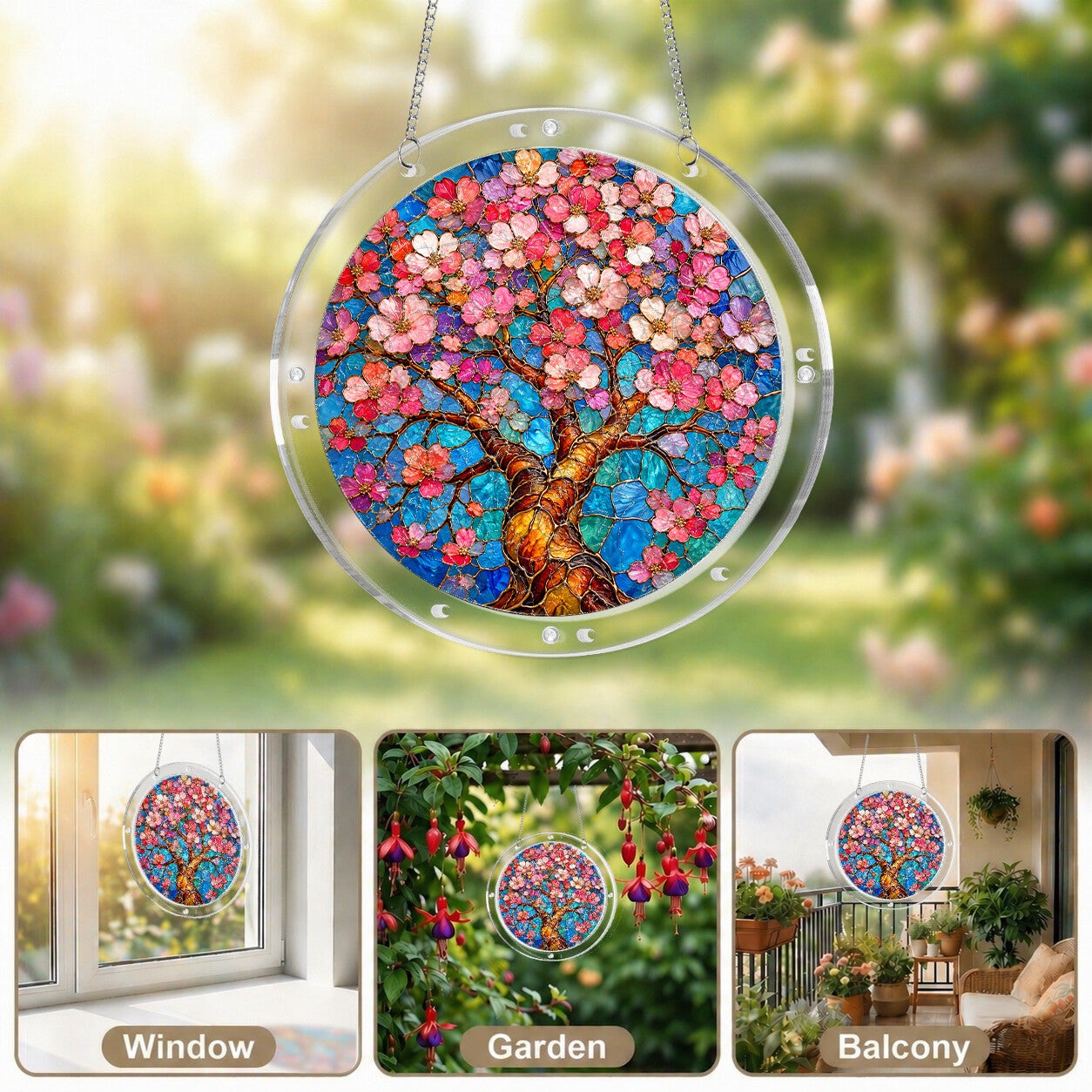 Cherry blossom acrylic puzzle suncatcher, colorful DIY floral window decor