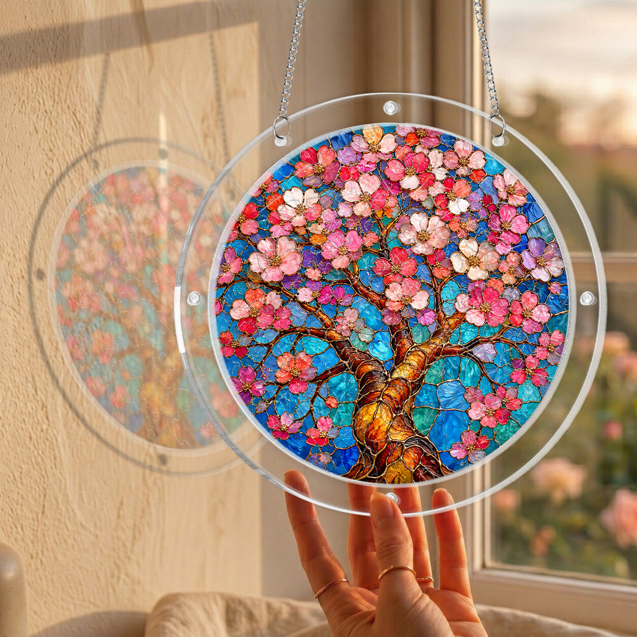 Cherry blossom acrylic puzzle suncatcher, colorful DIY floral window decor