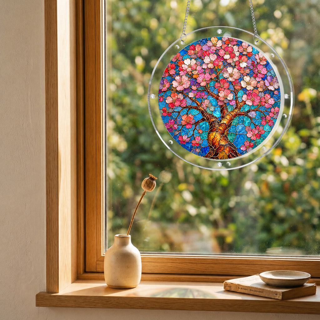 Cherry blossom acrylic puzzle suncatcher, colorful DIY floral window decor