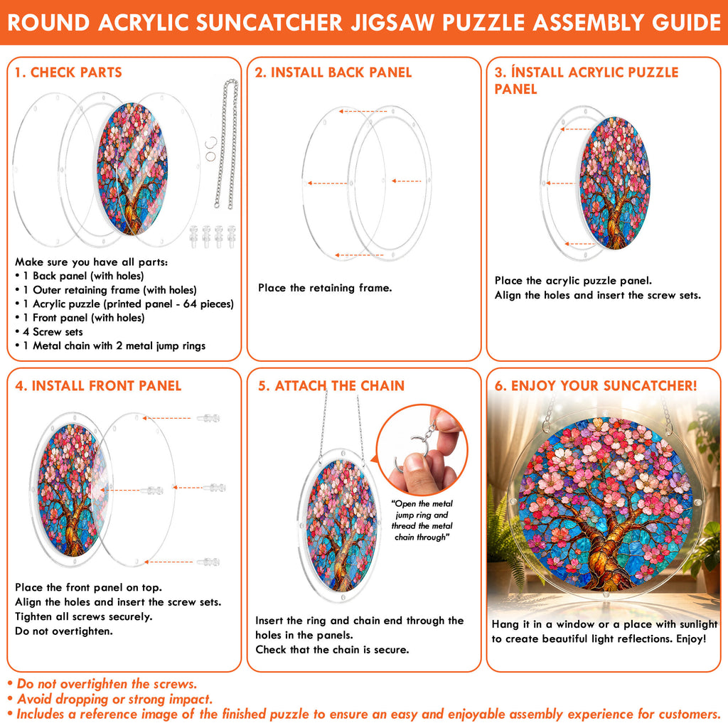 Cherry blossom acrylic puzzle suncatcher, colorful DIY floral window decor