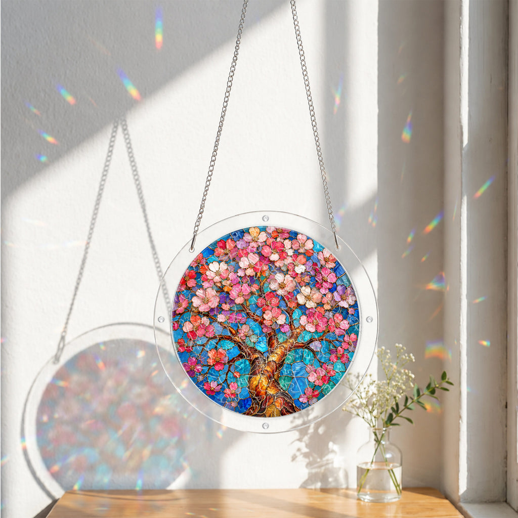 Cherry blossom acrylic puzzle suncatcher, colorful DIY floral window decor
