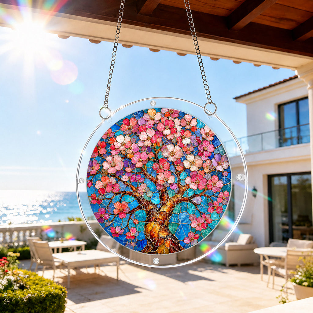 Cherry blossom acrylic puzzle suncatcher, colorful DIY floral window decor