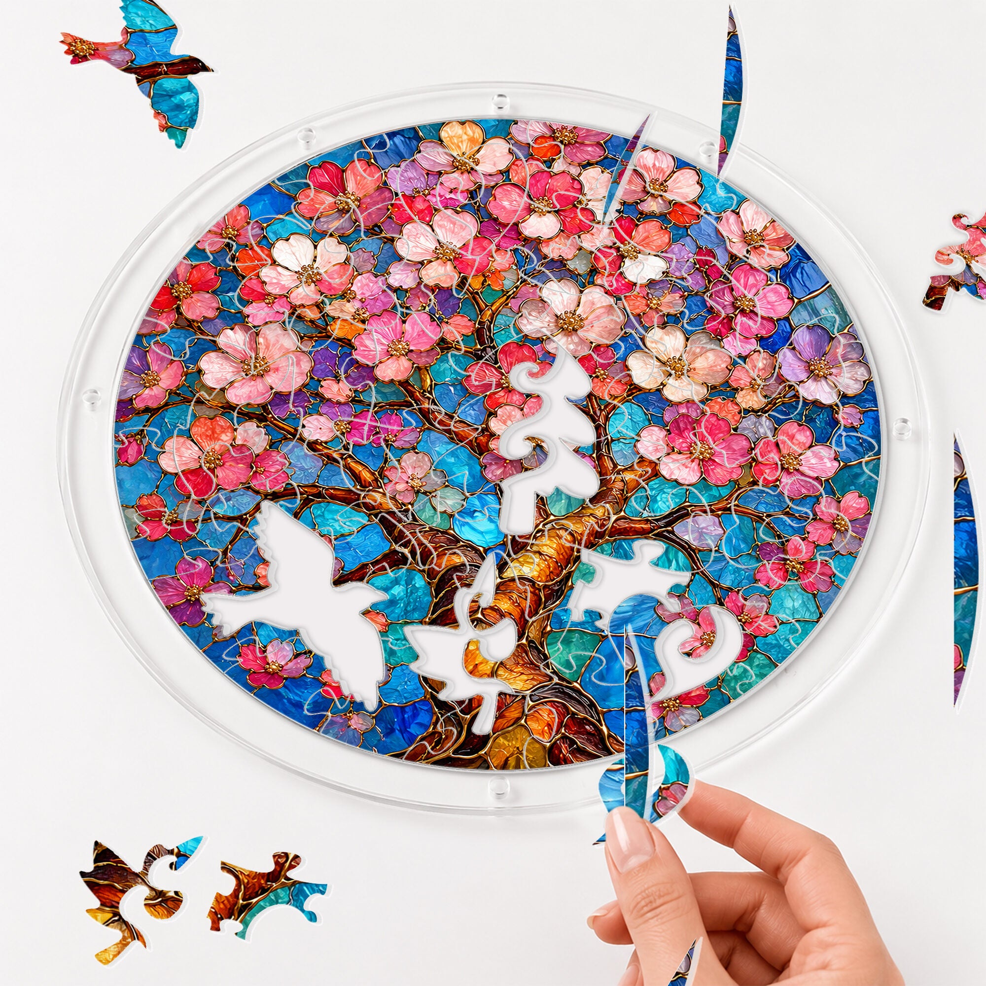 Cherry blossom acrylic puzzle suncatcher, colorful DIY floral window decor