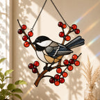 Chickadee on Winter Berry Branch Holographic Acrylic Suncatcher