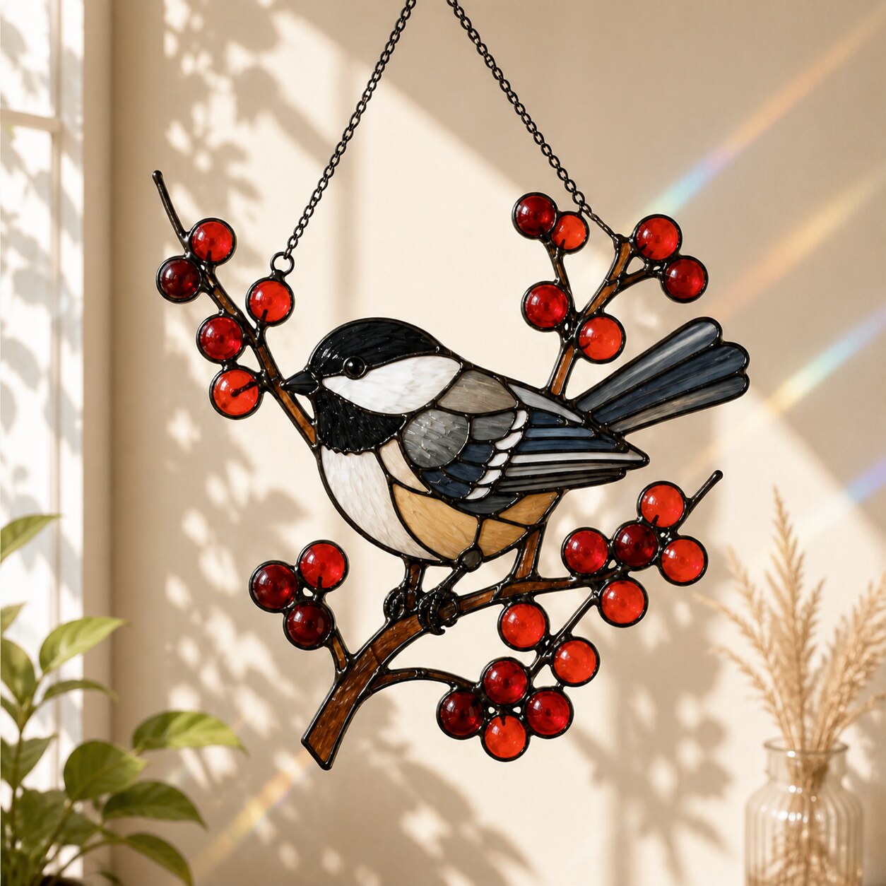 Chickadee on Winter Berry Branch Holographic Acrylic Suncatcher