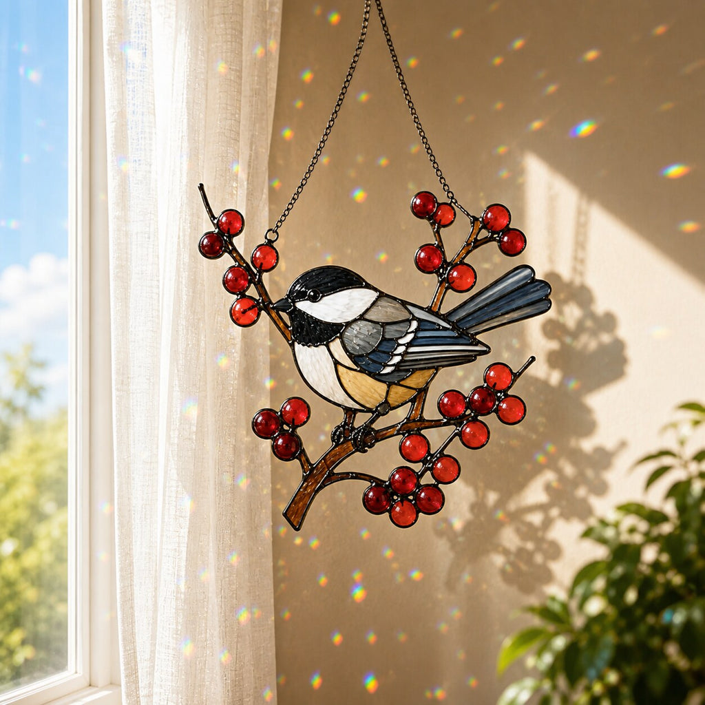 Chickadee on Winter Berry Branch Holographic Acrylic Suncatcher