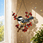 Chickadee on Winter Berry Branch Holographic Acrylic Suncatcher