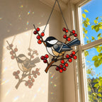 Chickadee on Winter Berry Branch Holographic Acrylic Suncatcher
