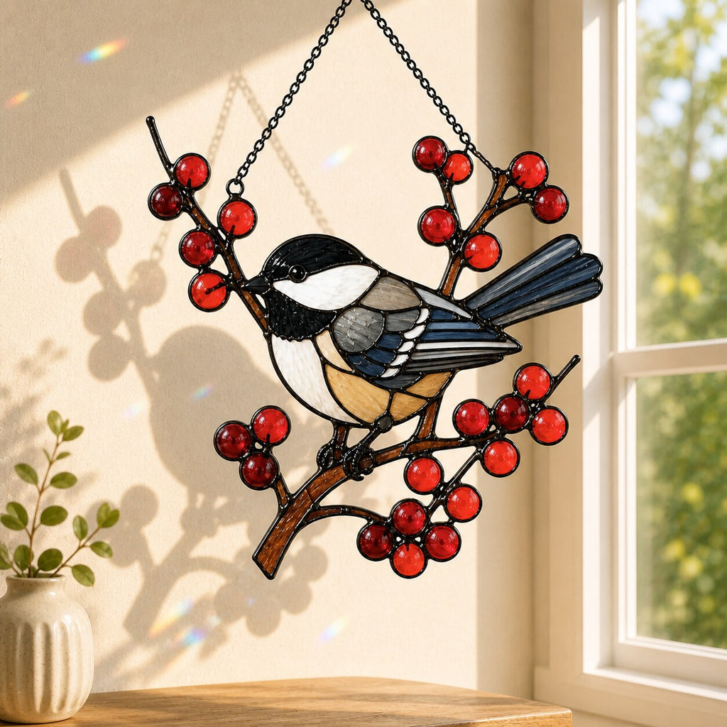 Chickadee on Winter Berry Branch Holographic Acrylic Suncatcher