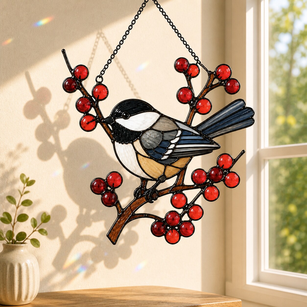 Chickadee on Winter Berry Branch Holographic Acrylic Suncatcher