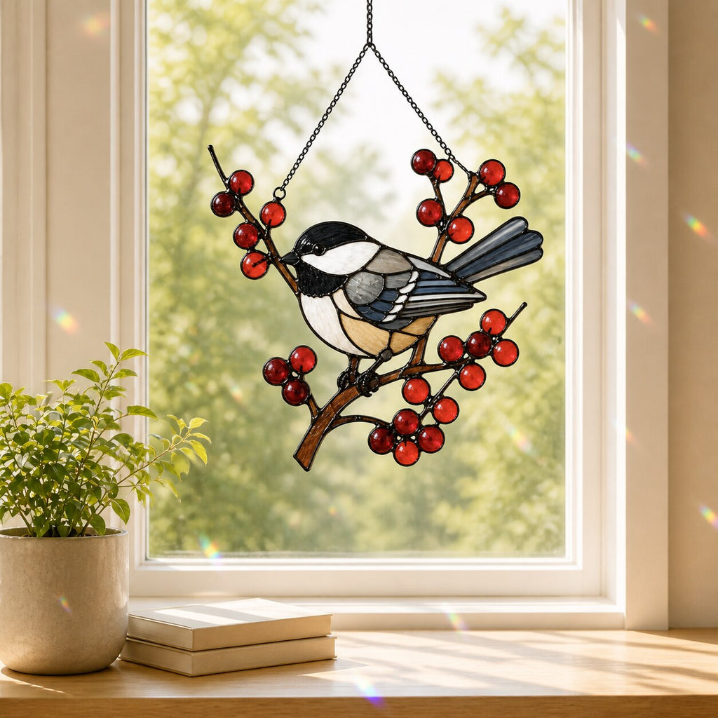 Chickadee on Winter Berry Branch Holographic Acrylic Suncatcher