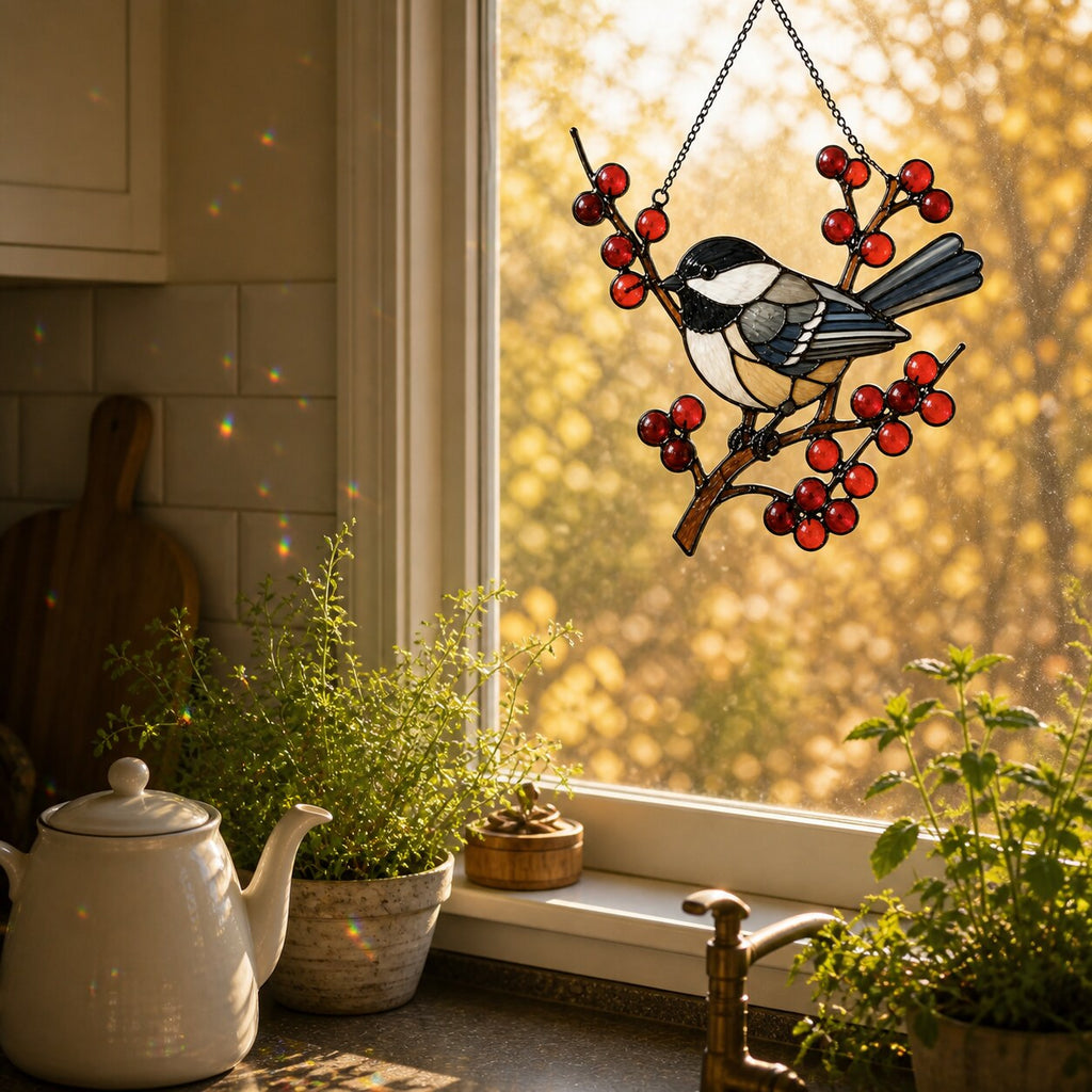 Chickadee on Winter Berry Branch Holographic Acrylic Suncatcher