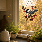 Chickadee on Winter Berry Branch Holographic Acrylic Suncatcher
