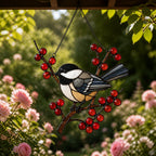 Chickadee on Winter Berry Branch Holographic Acrylic Suncatcher