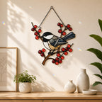 Chickadee on Winter Berry Branch Holographic Acrylic Suncatcher