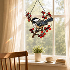 Chickadee on Winter Berry Branch Holographic Acrylic Suncatcher