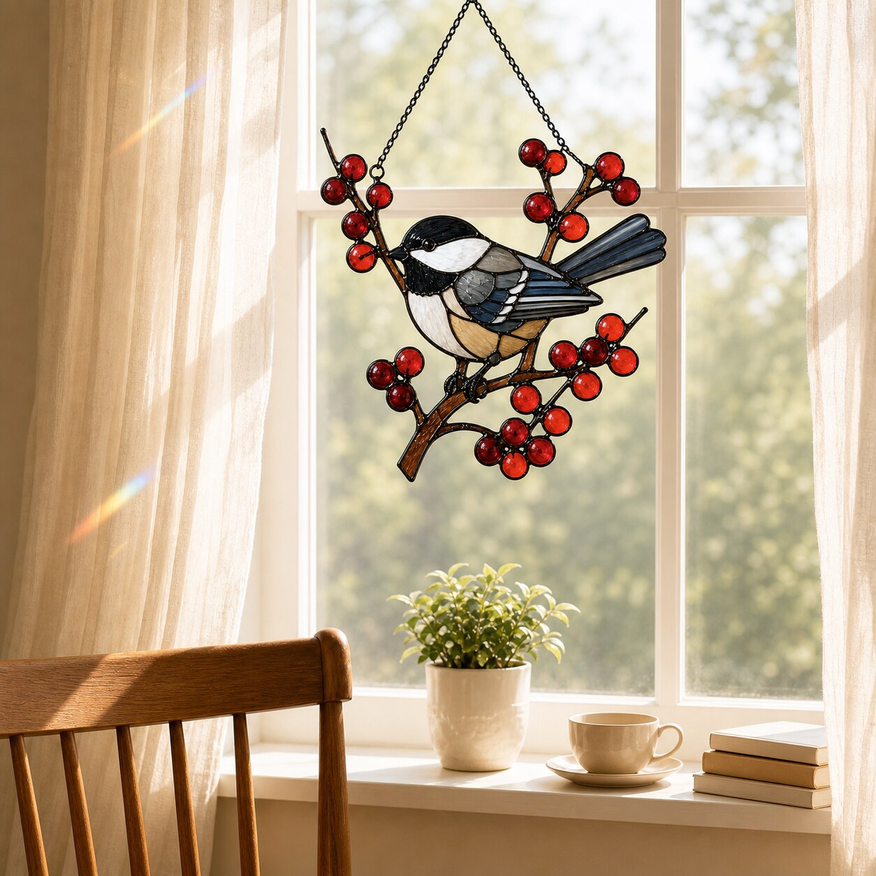 Chickadee on Winter Berry Branch Holographic Acrylic Suncatcher