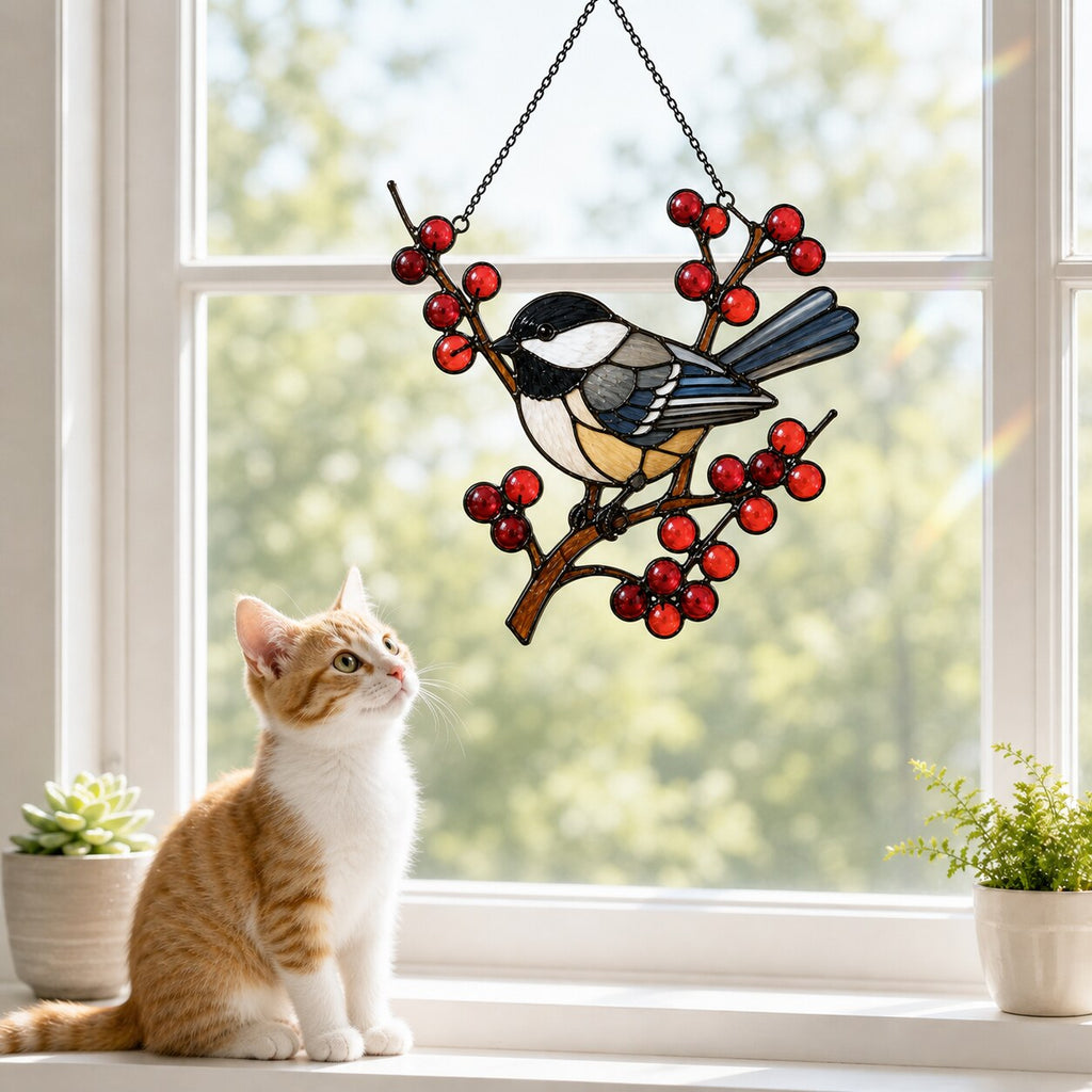Chickadee on Winter Berry Branch Holographic Acrylic Suncatcher