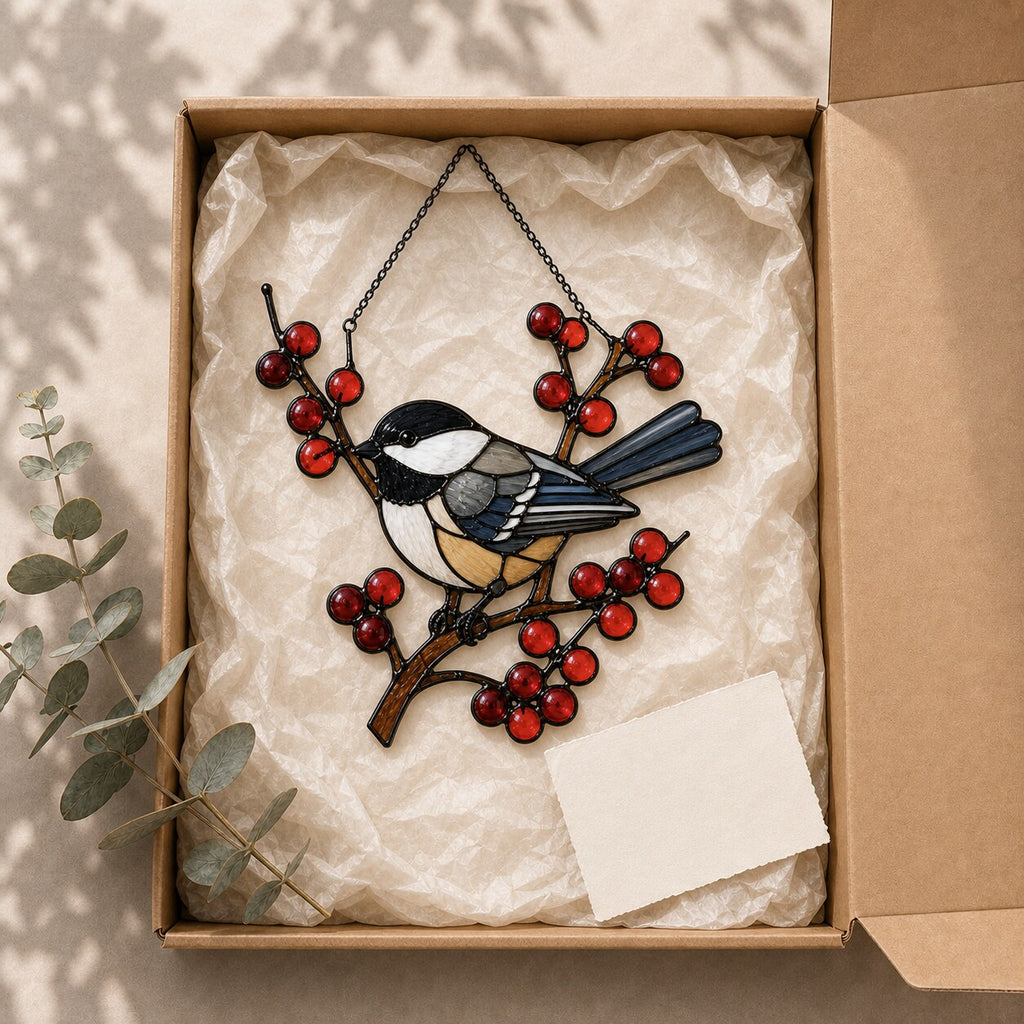 Chickadee on Winter Berry Branch Holographic Acrylic Suncatcher