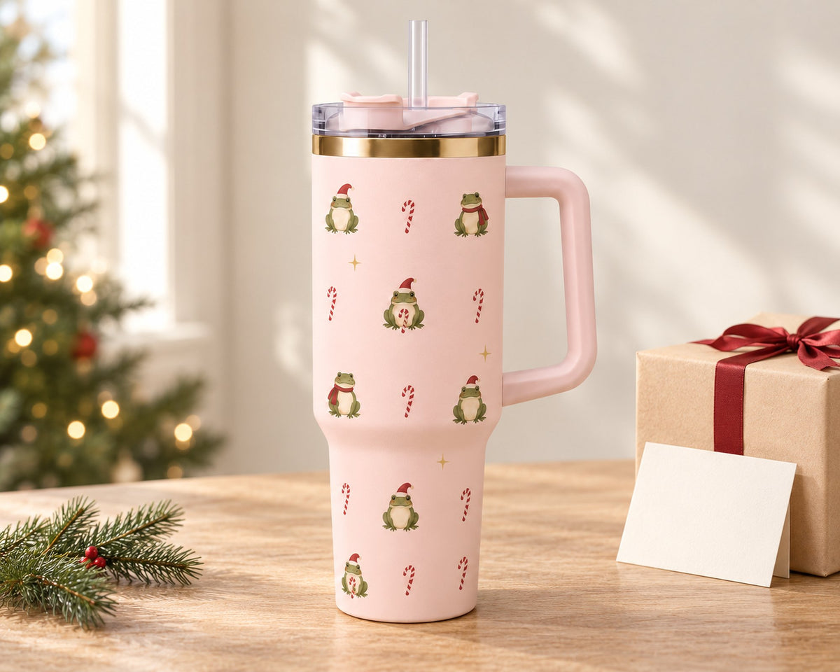 Christmas Frog 40 oz Tumbler with Handle & Straw — Santa Hat Frogs, Candy Canes, White or Light Pink